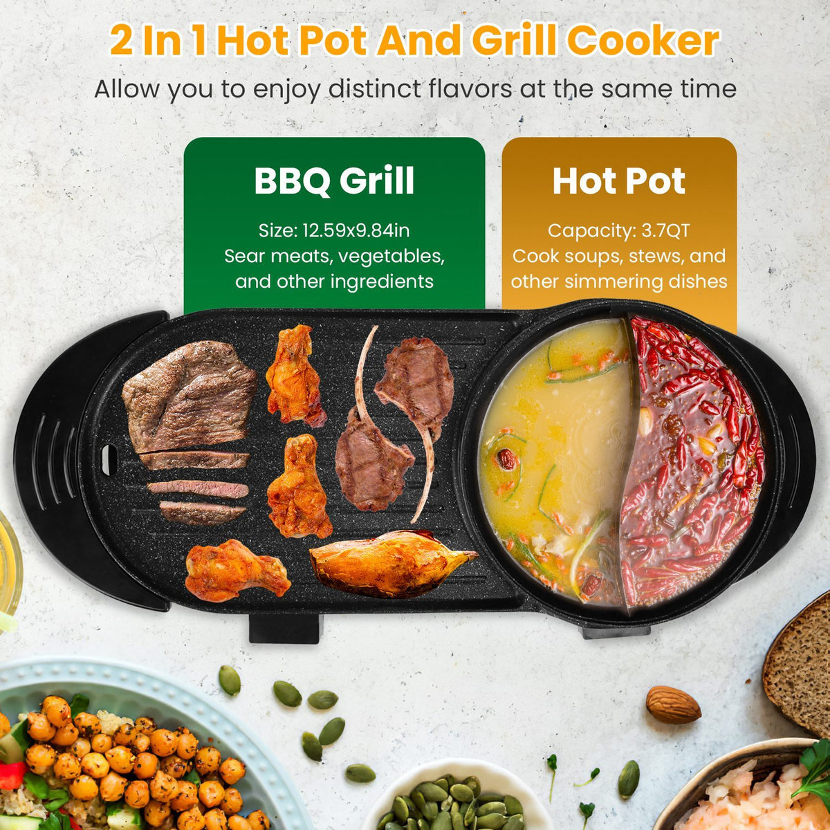 2200W  2 In 1 Electric Hot Pot With BBQ Grill Cooker Smokeless Non-Stick