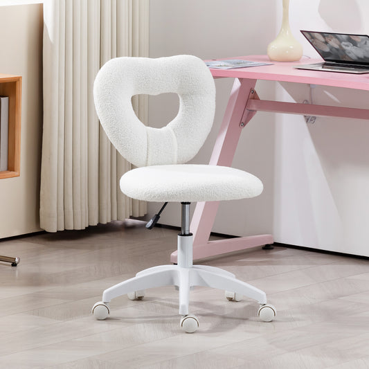 Heart-Shaped Desk Chair with Teddy Fleece – Adjustable Height Swivel Vanity Chair, White