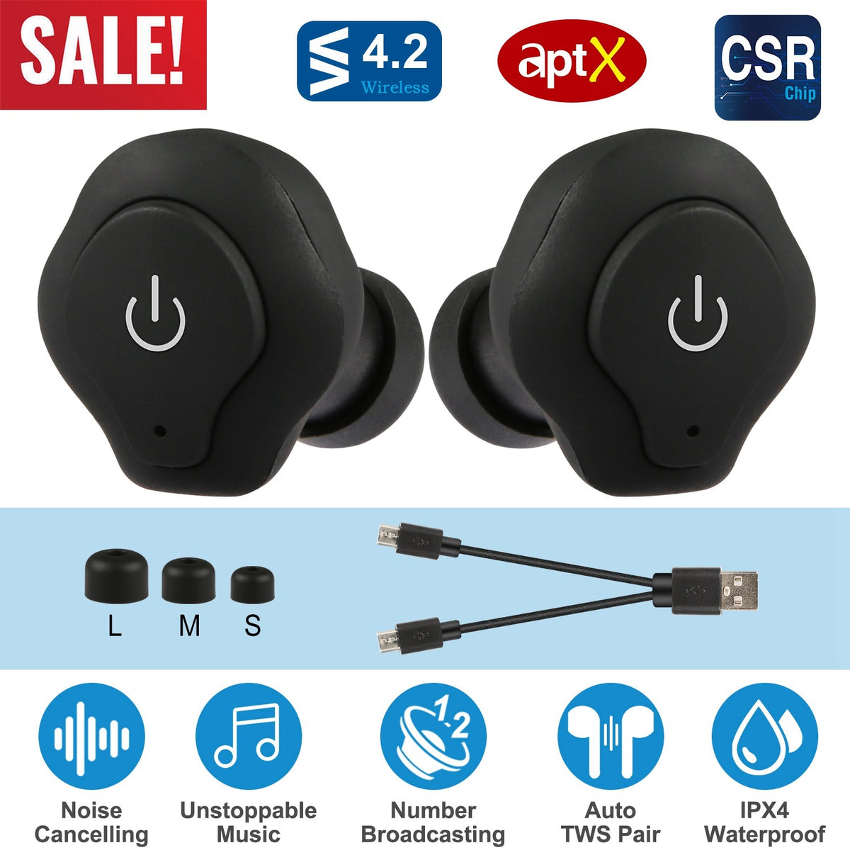 1 Pair True Wireless Earbuds CSR V4.2 In-ear Stereo Headsets IP44 Waterproof