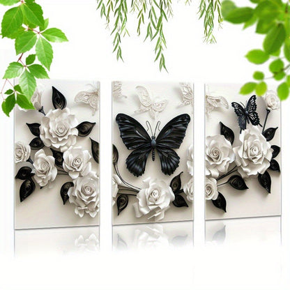 3Pc Set Of Framed Wall Art Canvas Prints Black Butterfly And White Roses