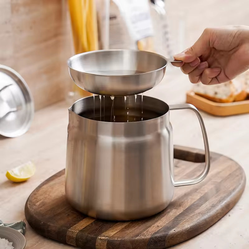Stainless Steel Oil Filter Pot with Mesh Filter – 2L, Heat-Resistant & Rust-Proof, Silver