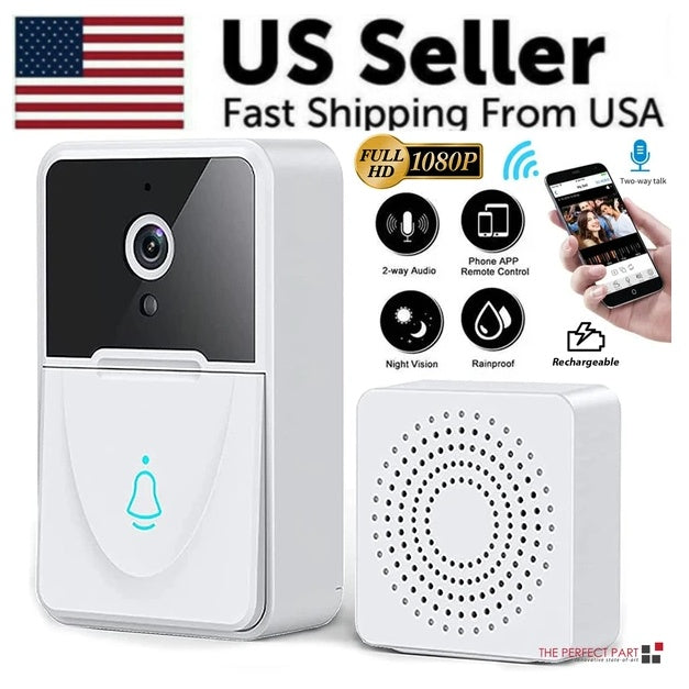 Wireless Smart Video Doorbell Camera – WiFi, Night Vision, Two-Way Audio & Chime, White