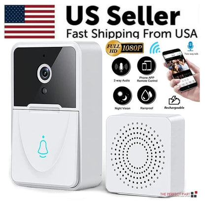 Wireless Smart Video Doorbell Camera – WiFi, Night Vision, Two-Way Audio & Chime, White