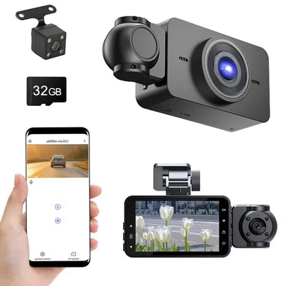 3-Channel Car Dash Cam with 32GB Card – 1080P Front, Night Vision, WiFi & Parking Monitor