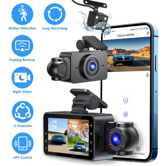 3-Channel Car Dash Cam with 32GB Card – 1080P Front, Night Vision, WiFi & Parking Monitor
