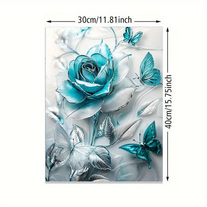 Turquoise Blue Crystal Rose & Teal Butterflies Canvas Wall Art With Wooden Frame