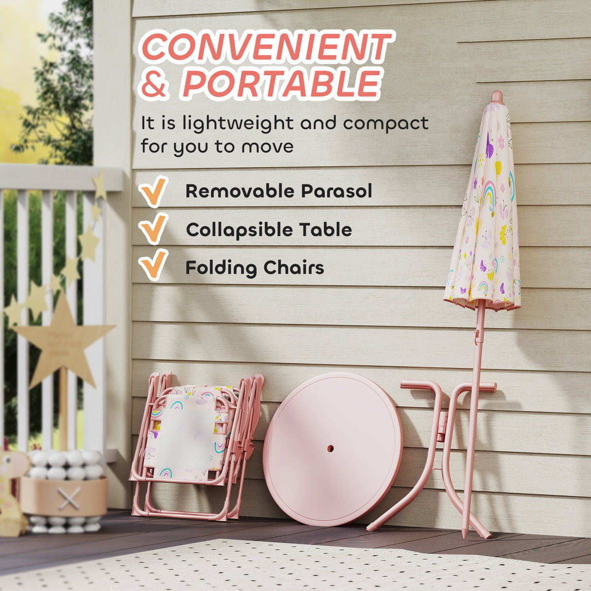 Kids Outdoor Activity Table With Foldable Chairs &  Removable Umbrella Pink