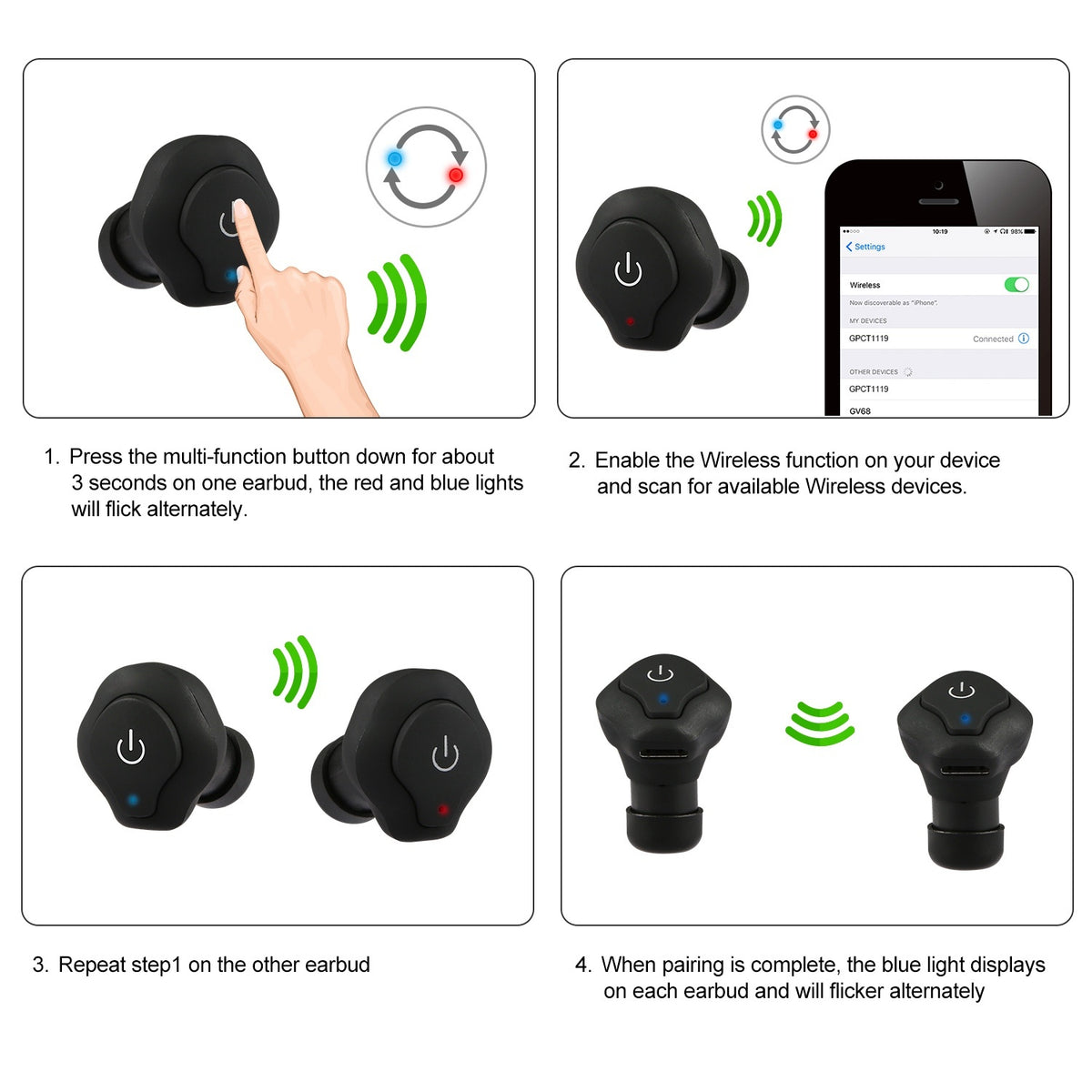 1 Pair True Wireless Earbuds CSR V4.2 In-ear Stereo Headsets IP44 Waterproof